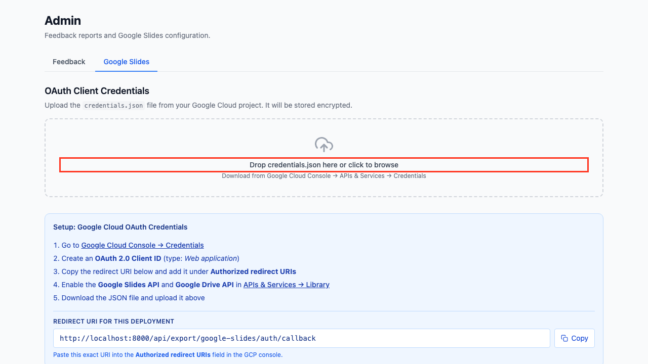Credentials upload area